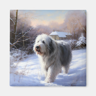 Oud Engels Sheepdog Laat het sneeuwen Kerstmis Magneet