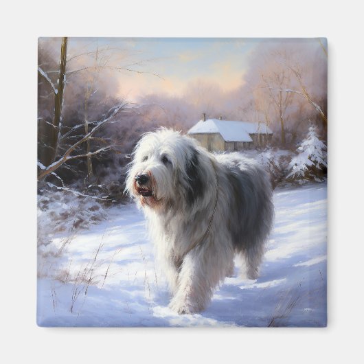 Oud Engels Sheepdog Laat het sneeuwen Kerstmis Magneet (Voorkant)