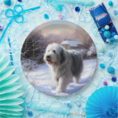 Oud Engels Sheepdog Laat het sneeuwen Kerstmis Papieren Bordje (Feest)