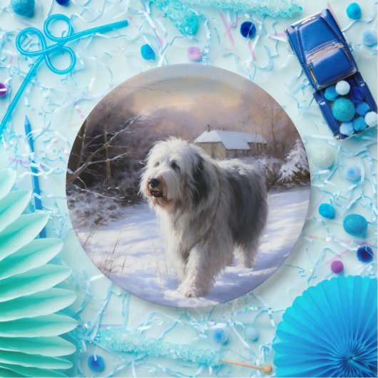 Oud Engels Sheepdog Laat het sneeuwen Kerstmis Papieren Bordje (Feest)