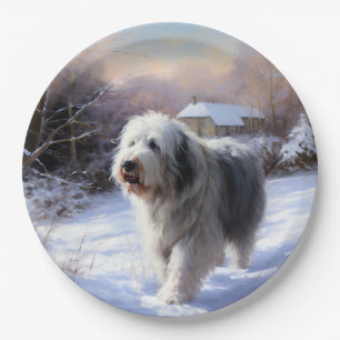 Oud Engels Sheepdog Laat het sneeuwen Kerstmis Papieren Bordje