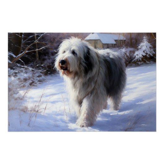 Oud Engels Sheepdog Laat het sneeuwen Kerstmis Perfect Poster (Voorkant)
