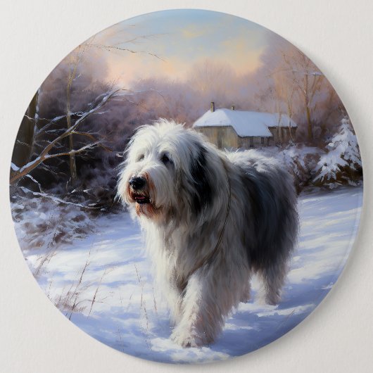 Oud Engels Sheepdog Laat het sneeuwen Kerstmis Ronde Button 6,0 Cm (Voorkant)