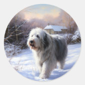 Oud Engels Sheepdog Laat het sneeuwen Kerstmis Ronde Sticker (Voorkant)