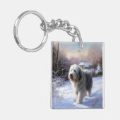Oud Engels Sheepdog Laat het sneeuwen Kerstmis Sleutelhanger (Voorkant Links)