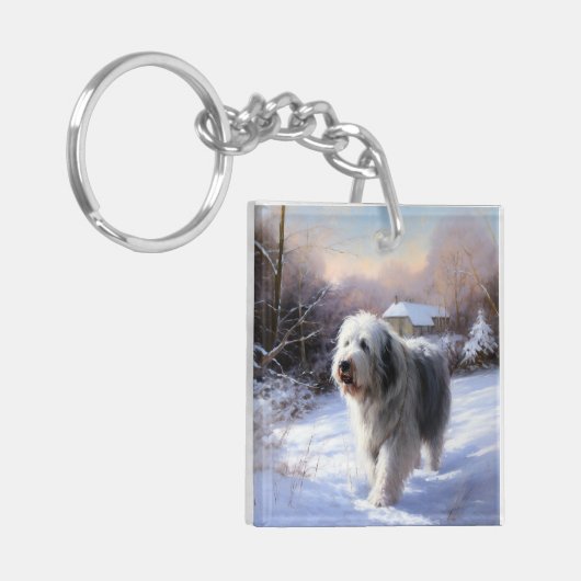 Oud Engels Sheepdog Laat het sneeuwen Kerstmis Sleutelhanger (Voorkant Links)