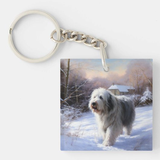 Oud Engels Sheepdog Laat het sneeuwen Kerstmis Sleutelhanger (Voorkant)