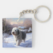 Oud Engels Sheepdog Laat het sneeuwen Kerstmis Sleutelhanger (Achterkant)