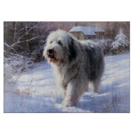 Oud Engels Sheepdog Laat het sneeuwen Kerstmis Snijplank (Voorkant)