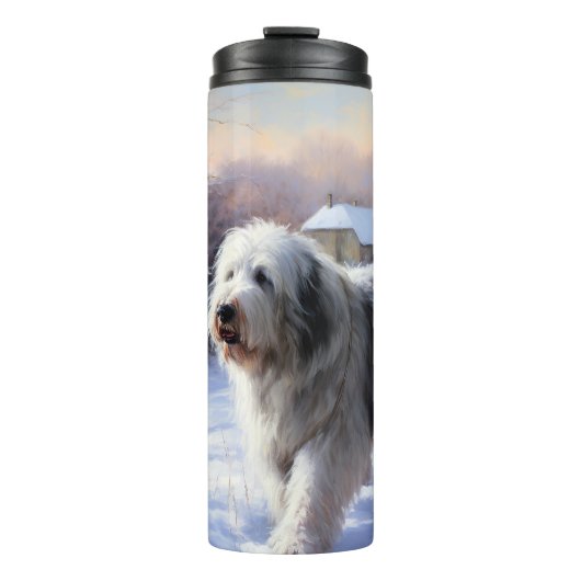 Oud Engels Sheepdog Laat het sneeuwen Kerstmis Thermosbeker (Voorkant)