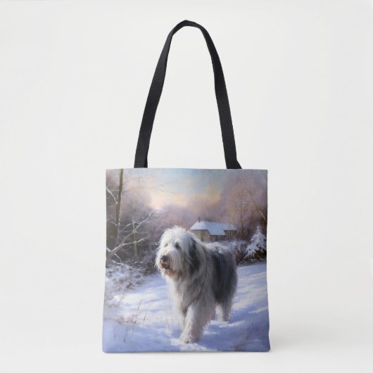 Oud Engels Sheepdog Laat het sneeuwen Kerstmis Tote Bag (Voorkant)