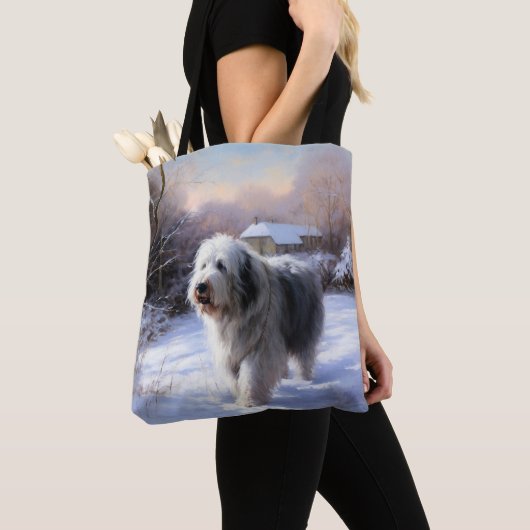 Oud Engels Sheepdog Laat het sneeuwen Kerstmis Tote Bag (Dichtbij)