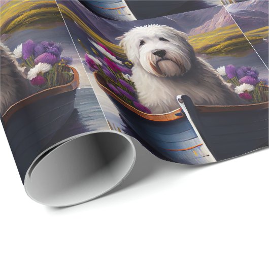 Oud Engels Sheepdog op Paddle: een Schilderachtig  Cadeaupapier (Rol Hoek)