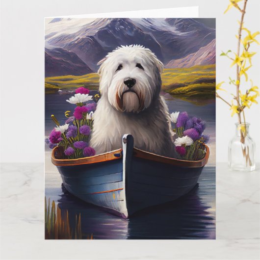 Oud Engels Sheepdog op Paddle: een Schilderachtig  Kaart (Gele Bloem)