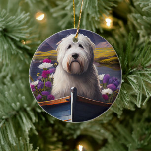 Oud Engels Sheepdog op Paddle: een Schilderachtig  Keramisch Ornament