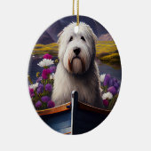 Oud Engels Sheepdog op Paddle: een Schilderachtig  Keramisch Ornament (Rechts)
