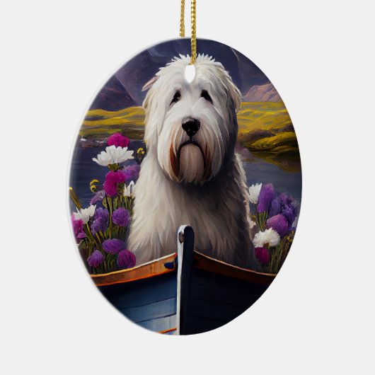 Oud Engels Sheepdog op Paddle: een Schilderachtig Keramisch Ornament (Rechts)
