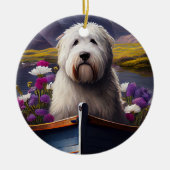 Oud Engels Sheepdog op Paddle: een Schilderachtig Keramisch Ornament (Voorkant)