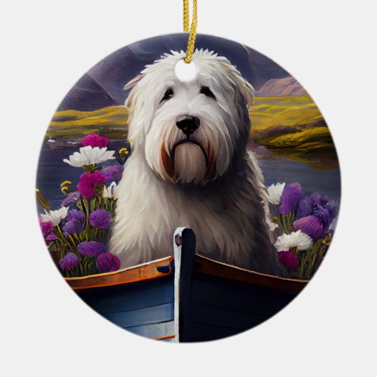 Oud Engels Sheepdog op Paddle: een Schilderachtig Keramisch Ornament (Voorkant)