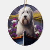 Oud Engels Sheepdog op Paddle: een Schilderachtig Keramisch Ornament (Links)