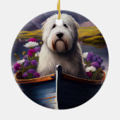 Oud Engels Sheepdog op Paddle: een Schilderachtig Keramisch Ornament (Achterkant)