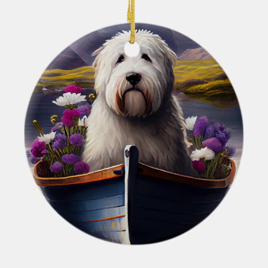 Oud Engels Sheepdog op Paddle: een Schilderachtig Keramisch Ornament (Achterkant)