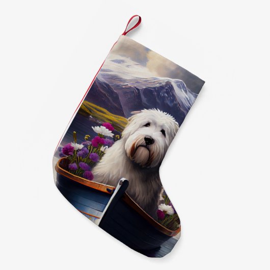 Oud Engels Sheepdog op Paddle: een Schilderachtig  Kleine Kerstsok (Voorkant (Hangend))