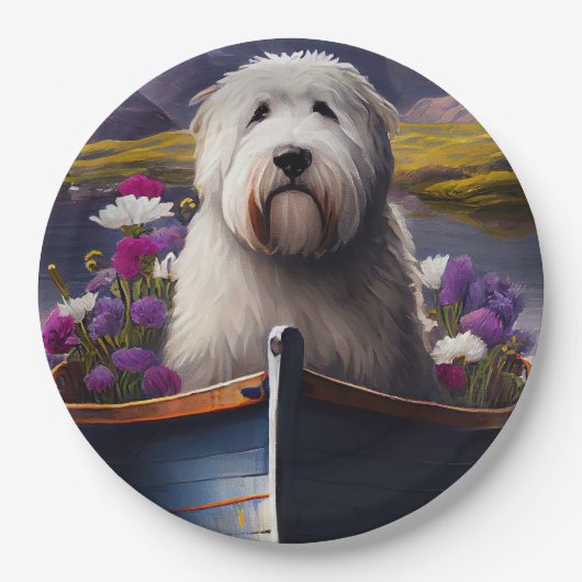 Oud Engels Sheepdog op Paddle: een Schilderachtig  Papieren Bordje (Voorkant)