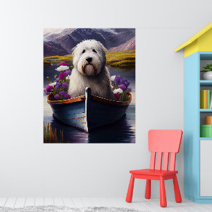 Oud Engels Sheepdog op Paddle: een Schilderachtig  Poster