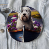 Oud Engels Sheepdog op Paddle: een Schilderachtig  Ronde Button 6,0 Cm (In situ)