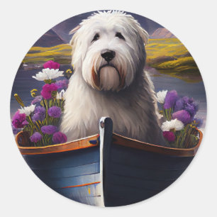 Oud Engels Sheepdog op Paddle: een Schilderachtig  Ronde Sticker