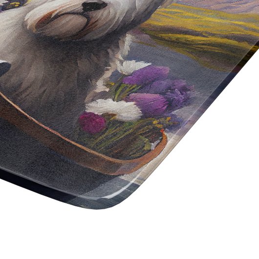 Oud Engels Sheepdog op Paddle: een Schilderachtig  Snijplank (Hoek)