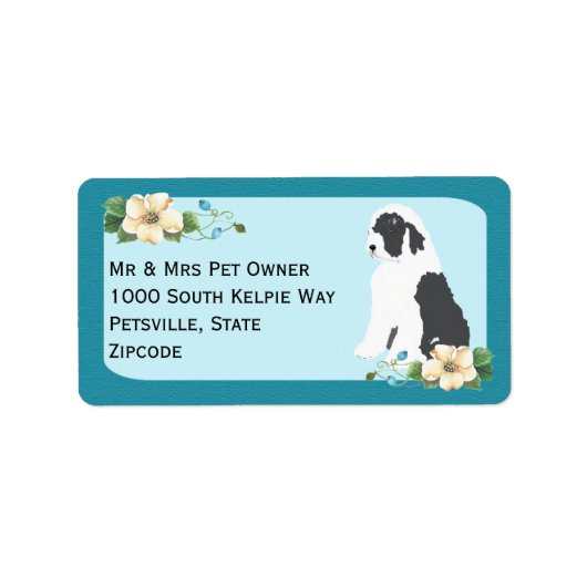 Oud Engels Sheepdog op Turquoise Floral Etiket (Voorkant)
