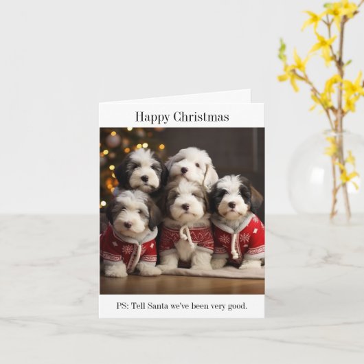Oud Engels Sheepdog Puppies Kerstmis Kaart (Gele Bloem)