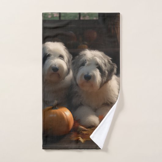 Oud Engels Sheepdog Puppy Herfst Delight Pompoen Bad Handdoek (Handdoek)