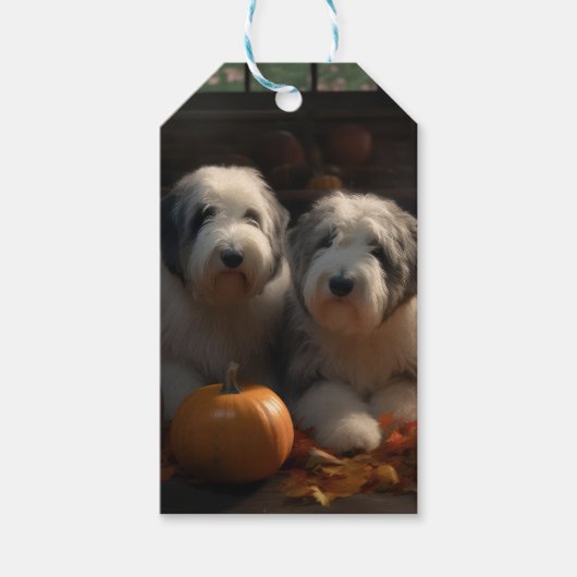Oud Engels Sheepdog Puppy Herfst Delight Pompoen Cadeaulabel (Voorkant)