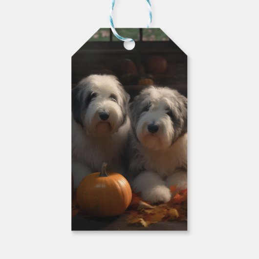 Oud Engels Sheepdog Puppy Herfst Delight Pompoen Cadeaulabel (Achterkant)