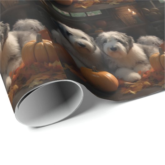 Oud Engels Sheepdog Puppy Herfst Delight Pompoen Cadeaupapier (Rol Hoek)