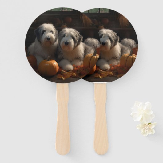 Oud Engels Sheepdog Puppy Herfst Delight Pompoen Handwaaier (Voorkant en achterkant)