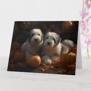 Oud Engels Sheepdog Puppy Herfst Delight Pompoen Kaart
