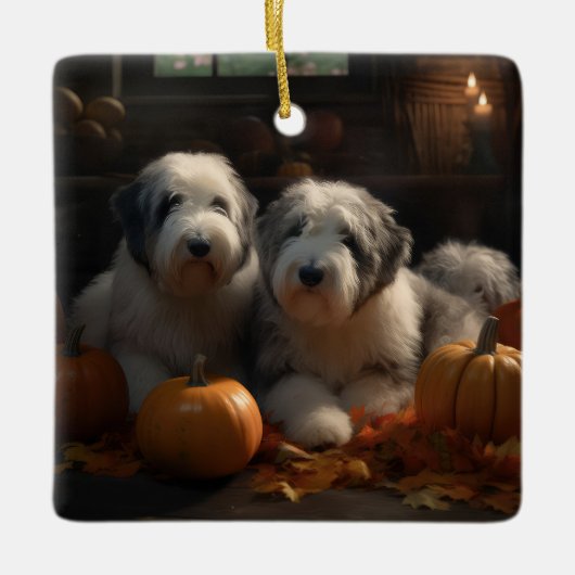 Oud Engels Sheepdog Puppy Herfst Delight Pompoen Keramisch Ornament (Voorkant)