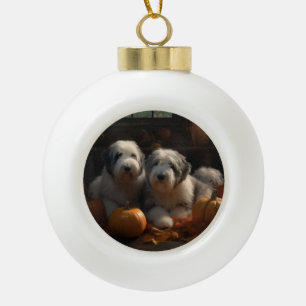 Oud Engels Sheepdog Puppy Herfst Delight Pompoen Keramische Bal Ornament
