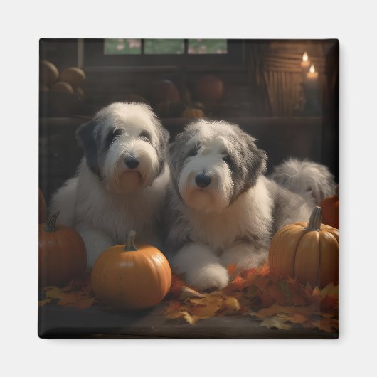 Oud Engels Sheepdog Puppy Herfst Delight Pompoen Magneet (Voorkant)