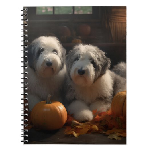 Oud Engels Sheepdog Puppy Herfst Delight Pompoen Notitieboek (Voorkant)