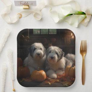 Oud Engels Sheepdog Puppy Herfst Delight Pompoen Papieren Bordje