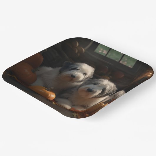 Oud Engels Sheepdog Puppy Herfst Delight Pompoen Papieren Bordje (Gebogen)
