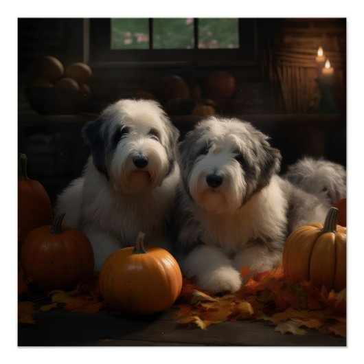 Oud Engels Sheepdog Puppy Herfst Delight Pompoen Perfect Poster (Voorkant)