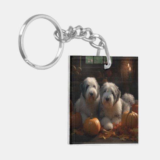 Oud Engels Sheepdog Puppy Herfst Delight Pompoen Sleutelhanger (Voorkant Links)