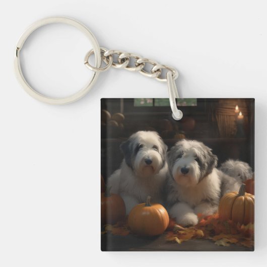 Oud Engels Sheepdog Puppy Herfst Delight Pompoen Sleutelhanger (Voorkant)