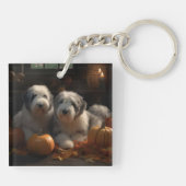 Oud Engels Sheepdog Puppy Herfst Delight Pompoen Sleutelhanger (Achterkant)